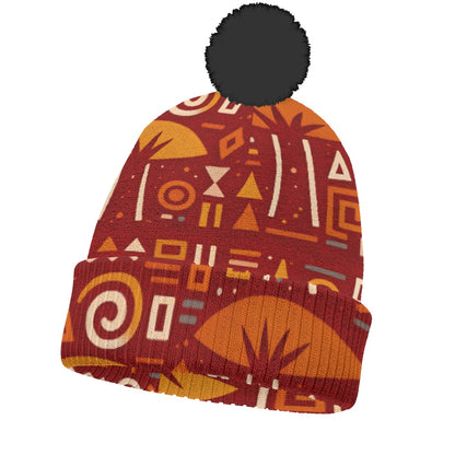 KNITTED POM POM HAT-BRICK