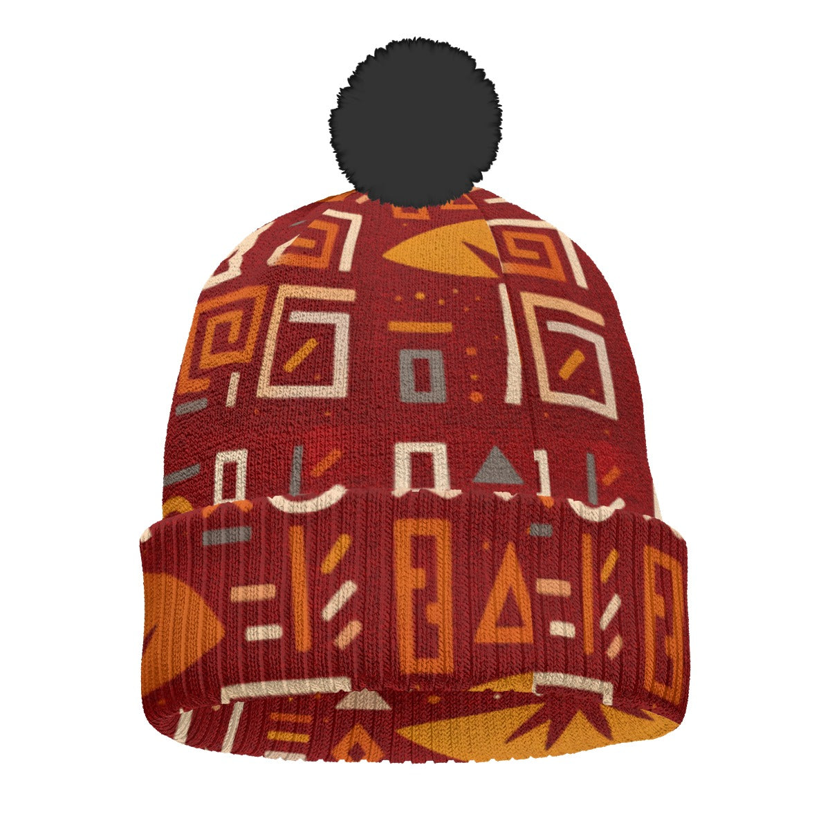 KNITTED POM POM HAT-BRICK