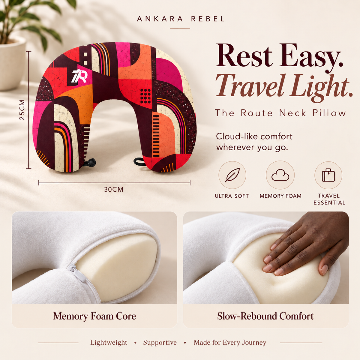 The Route Memory Foam Travel Neck Pillow with Frog Button Closure